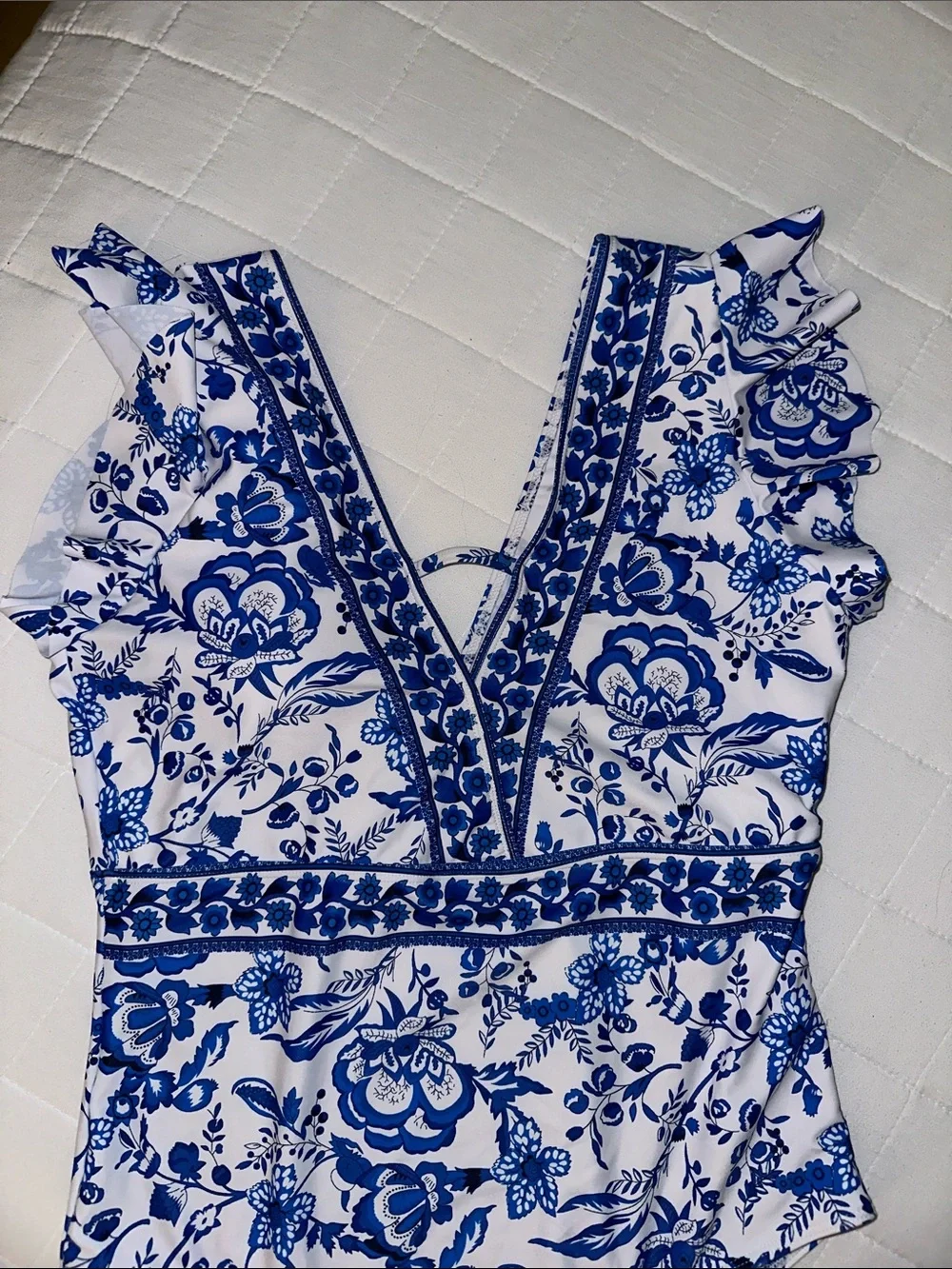 Blue Floral One-Piece Swimsuit with V-Neck and Ruffle Shoulders